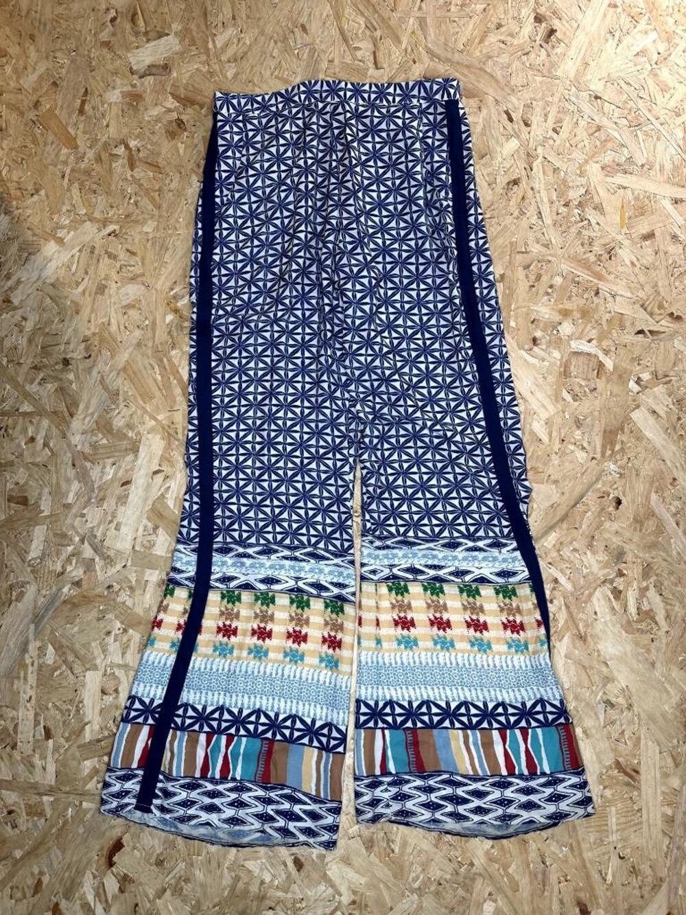 Lulumari Womens Wide Leg Pants Size L Blue Geometric Mixed Print Side Stripe